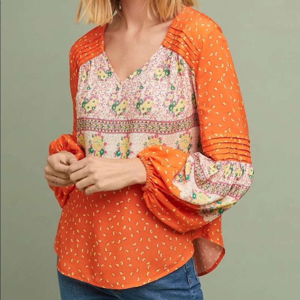 Anthropologie Maeve Orange Floral Long Sleeve blouse Shirt Small